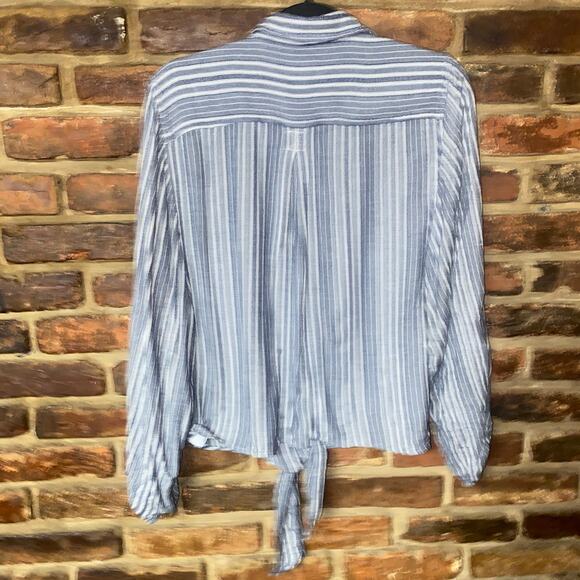 American Eagle Blue White Striped Tie Waist Long Sleeve Button Up Top Medium - Picture 6 of 6
